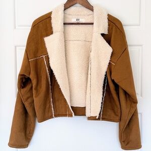 Madden NYC Faux Suede and Shearling Cozy Jacket, Tan and White, Size XL